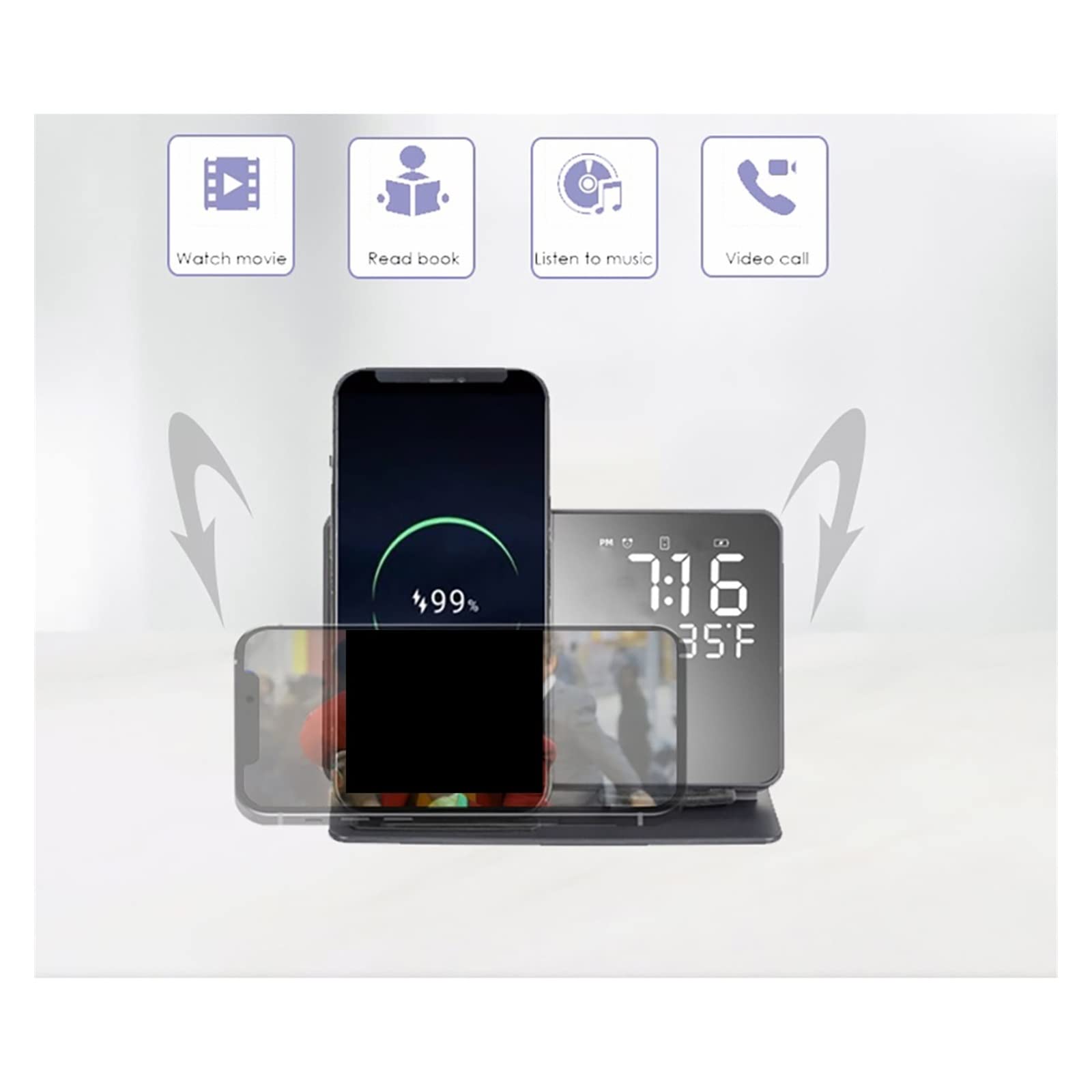 Caricatore Senza Fili, Caricabatterie wireless 4 in 1 for telefono Sveglia digitale LED da tavolo a ricarica rapida Dock Station da 15 W Stazione Di Ricarica Wireless
