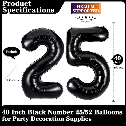 Black 25 Number Balloons, 40 Inch Giant Number 25 Balloons Foil Mylar Helium Black Number Balloons for 25th Birthday Party Supplies Anniversary Event Celebration Decorations by Lovoir - Image 2