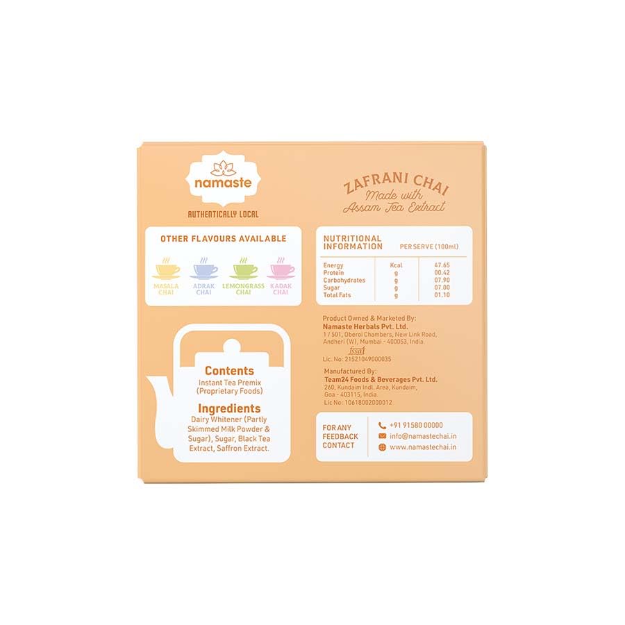 Miniatura 2 de Namaste Chai Zafrani Saffron Tea Premix  Saquitos instantáneos de té de azafrán en polvo con leche y azúcar  0.78 oz x 10 sobres