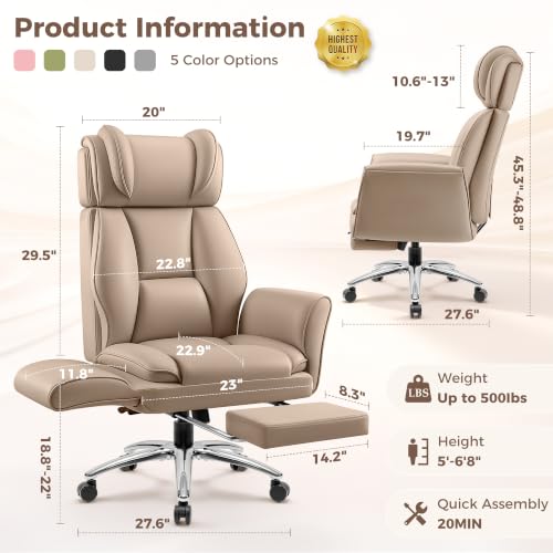 Image of Big and Tall Office Chair, Flip Armrests for Pets & Cross Legged Sitting, Ergonomic Leather Executive Desk Chair with Foot Rest, High-Back Reclining Computer Chairs for Home Office Gaming, Khaki