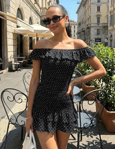 FOMELY Women's Polka Dot Off Shoulder Mini Dress Summer Ruffle Hem Smocked Bodycon Vacation Short Dresses 2026 — view 4
