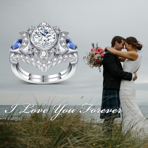 Triple Moon Goddess Rings for Women, Round Cut Moissanite Wedding Ring Set for Her, 10K 14K 18K Gold Moon Phase Engagement Bridal Ring Set with Sapphire for Women Jewelry Gift4