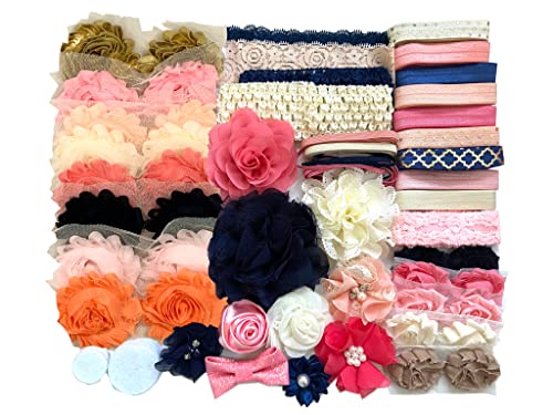Navy and Peach Hairband Kit - Makes 30 Headbands, Baby Shower Headband Station, DIY Headband Kit with Over 30 Flowers, Elastic, Embellishments - 1 Count