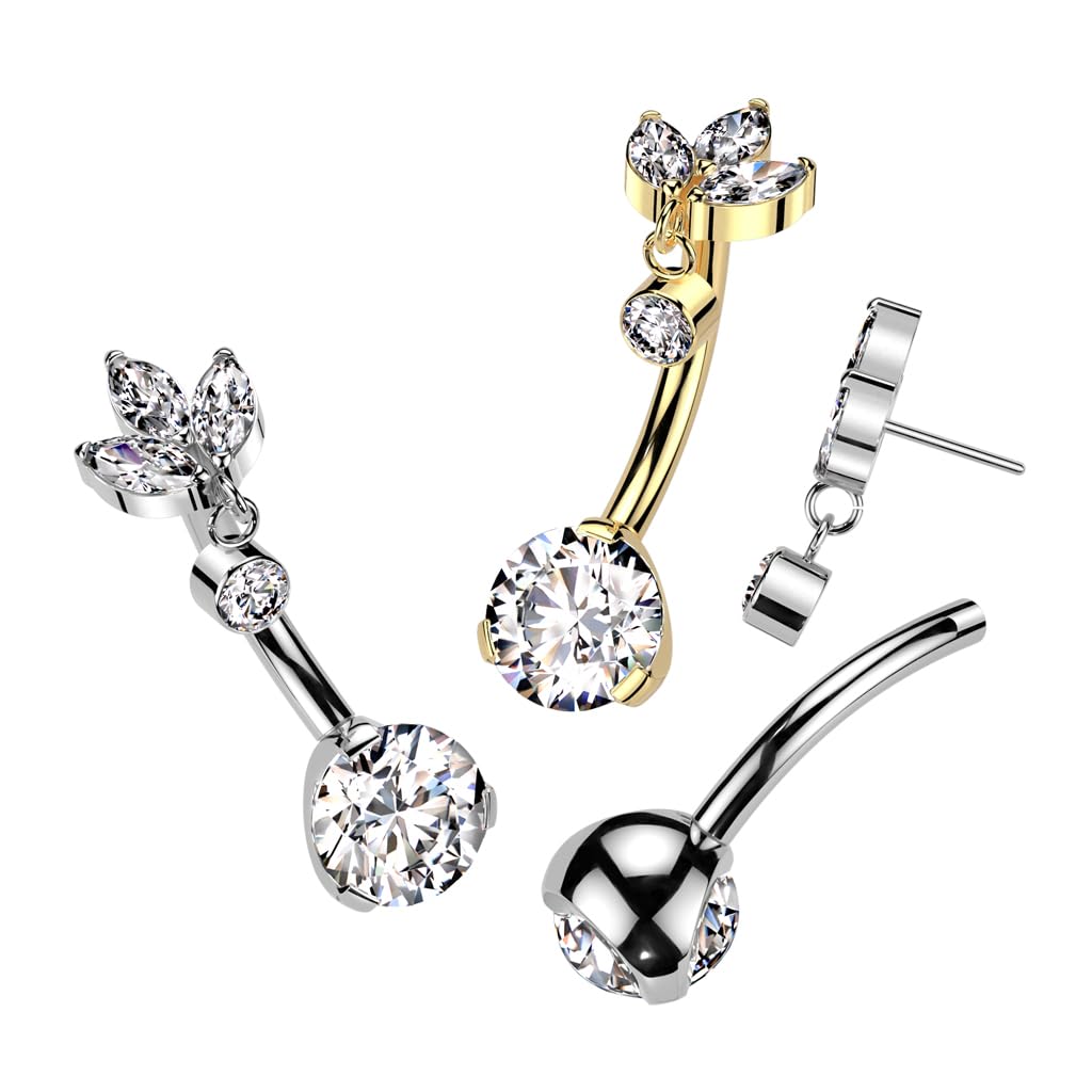 Paula & Fritz® Push-In Piercing Bauch-nabelpiercing Blüte Anhänger Zirkonia Titan-ium Grade 23 1,6-mm Stab-Dicke Gewindelos Bananabell Nabelpiercing