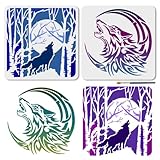 MAYJOYDIY 2 plantillas reutilizables de lobo y luna para pintar 30 x 30 cm, plantilla de dibujo de árbol de bosque con pincel para pared, muebles, lona