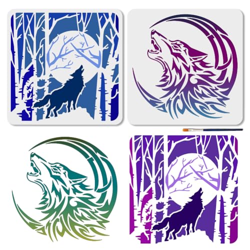 MAYJOYDIY 2Pcs Wolf Moon Stencil Reusable Howling Wolf Stencil for Painting 11.8x11.8 Inch Forest Tree Drawing Template with Paint Brush for Wall Furniture Canvas Scrap