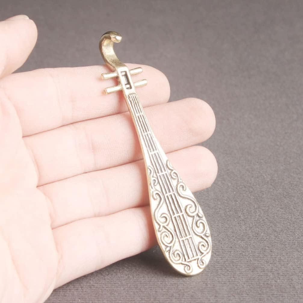VOSAREA Tiny Brass Pipa Ornament Retro Chinese Lute Decor for Home Office Miniature Musical Instrument Sculpture for Zen Spaces Desktop Display image 3