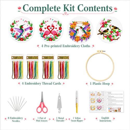 Image of Zhenqing Cross Stitch Kit for Beginners 4 Pack Bird Floral Embroidery Kit 11CT Stamped Aida Cloth DIY Pre Printed Cross Stitch Kits with Hoop Needle Thread Home Wall Decor Craft Gift Set