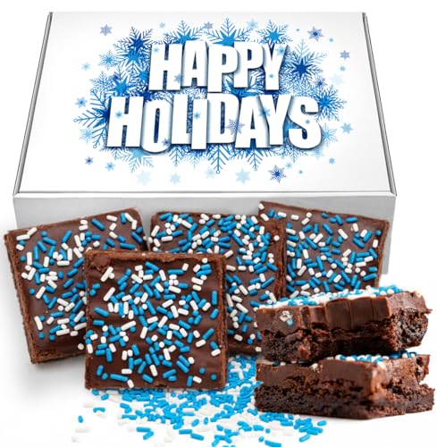 Holiday Brownies Gift Basket Cookies Cake Chocolate Food Gift Individually Wrapped For Men Women Package 8 Pack Winter Snow Cookie Treats Blue White Sprinkle | Nut Free | Kosher