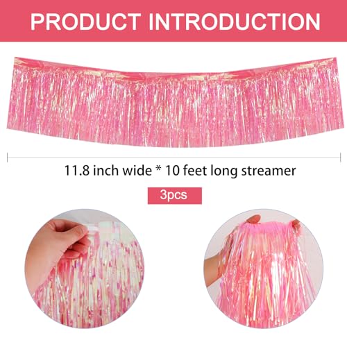 Image of BEISHIDA 3 Packs Metallic Foil Fringe Garland Shining Pink Wall Hanging Tinsel Fringe Banners for Car Floats Bridal Shower Wedding Birthday Easter Graduation Holiday Party Decoration(30 Feet)
