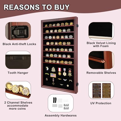 Image of Jinchuan Military Challenge Coin Display Case Lockable Cabinet Shadow Box with Removable 2 Grooves Shelves and Anti-Fade Acrylic Glass for Casino Poker Chips Collectibles, Extra Large - Mahogany