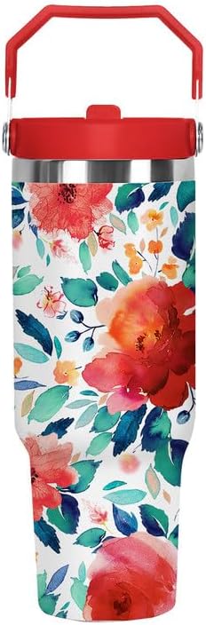 30 Oz Floral Stainless Steel Insulated Top Tumbler with Handle and Straw Lid Leak Proof, Coffee Travel Iced Cup Mug for Women, Mothers Day Birthday Christmas Gifts for Women Mom Girl Friend Wife