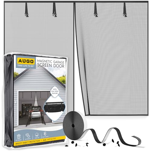 AUGO Garage Door Screen Magnetic Closure - Garage Screen Doors for 1 Car Garage Pull Down - Magnetic Screen Door Mesh - Heavy Duty Weighted Bottom - Pet & Kid Friendly - Keep Open Feature - 9' x 7'