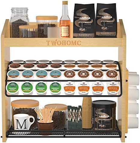 Twohomc K Cup Holder, Keurig Pod Holder - 36 Pods Large Capacity Coffee Bar Accessories, 3-Tier Bamboo Coffee Bar Organizer Save Space for Office or Home Kitchen Counter, Bar Table
