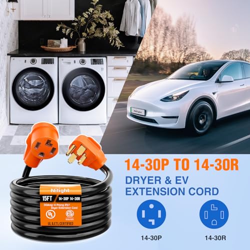 Image of Nilight 15FT EV Dryer Extension Cord 4 Prong 30 Amp NEMA 14-30P 14-30R Old Cable Heavy Duty 10 Gauge Pure Copper Wire UL Listed 125 /250V for Level 2 Using