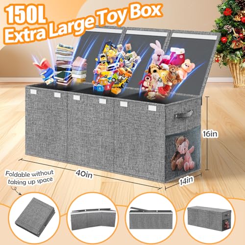 Extra Large Toy Storage Box with Lid Divider, Sturdy Collapsible Toys Organizer Chest Kids Storage Bins Boxes Baskets for Boys, Girls, Nursery, Bedroom, Living Room, Playroom, 40"x14"x16", Gray - Image 3