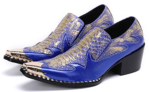 Santimon Dress Loafers for Men High Cuban Heel Slip On Graphic Snake Leather Lined Gold Cap Dancing Party Sleek Shoes
