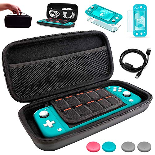 【6in1セット】ニンテンドースイッチライト ケース Nintendo Switch Lite ケース 6in1セット 大容量 軽量 衝撃 防塵 防水 防湿設計 キャリングセット 小物収納可 EVA素材 固定バンド 収納ケース+カバー+ガラスフィルム1枚+ 親指キャップ4個+usb C充電ケーブル