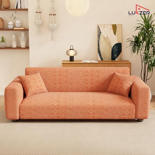 Image of Lukzer 2 Seater Pastel Orange Tribal Pattern Sofa Cover | 240 GSM Universal Stretch Fit Jacquard Fabric Couch Protector | Fully Covered Anti Slip & Washable Sofa Cover (140-180cm /SC-074-02)
