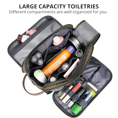 Image of WITZMAN Canvas Toiletry Bag for Men Large Capacity Hanging Dopp kit for Men Leather Toiletries Water-Resistant Bathroom Bag(A8002 Army Green)