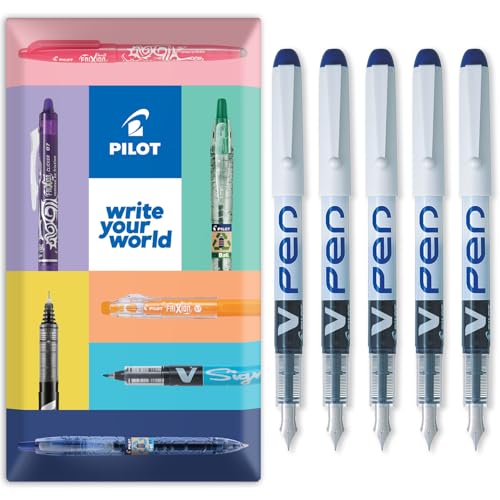 PILOT V PEN - Erasable Disposable Fountain Pen - 0.6mm Nib Tip - Medium Line - In Envelope Gift Packaging - Pack of 5 - Blue Ink