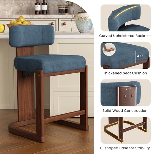 Image of Bar Stools Set of 6, Upholstered Counter Height Bar Stools, Mid Century Modern Counter Stools with Curved Backrest, Solid Wood Legs, 26 inch Bar Chairs for Kitchen Island Bar, Blue