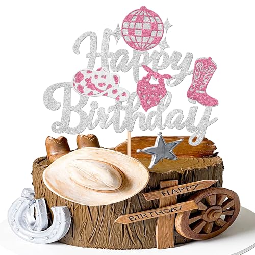 1 PCS Cowgirl Happy Birthday Cake Topper Glitter Western Cowgirl Birthday Cake Pick Hat Boot Disco Cowgirl Cake Decorations for Western Cowgirl Rodeo Theme Girls Birthday Party Supplies Silver