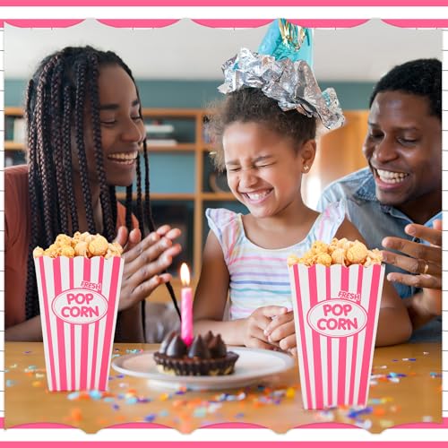 Image of Xinnun 100 Pcs Popcorn Boxes 32 oz Classic Stripe Paper Popcorn Buckets Bulk Disposable Oil Proof Container Vintage Retro Open Top Holders for Movie Night Supply Theater Carnival Party(Pink)