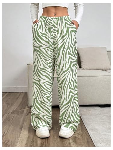 OYOANGLE Women's Zebra Striped Print Long Pants Drawstring Elastic High Waist Wide Leg Casual Trousers with Pockets4