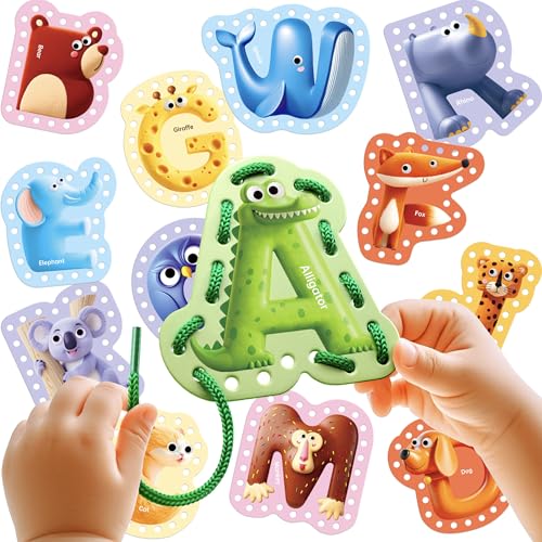 Dotimo Lacing Cards - 26PCS Double - Sided Uppercase Sewing Cards 26 Animal Alphabet Games for Kids Ages 3-5 Preschool Learning & Quiet Time Activities