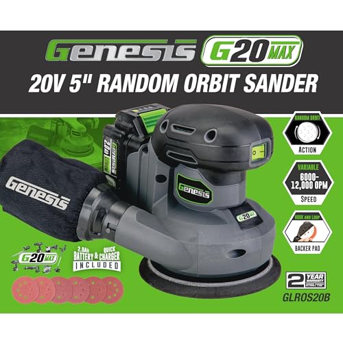 Genesis G20MAX Cordless Orbital Sander 20V 5 in. with Dust Bag, 6000 to 12,000 OPM Sandpapers, Battery, and Charger (GLROS20B) thumbnail 4