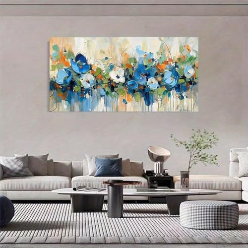 Peinture de paysage de fleurs bleues sur toile premium décoration 30x60cm