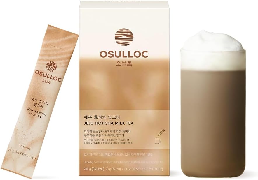 OSULLOC Jeju Hojicha Milk Tea (7oz X 10 Packets), Roasted Hojicha Latte Powder with Vanilla Notes, Instant Milk Tea Drink, Lightly Sweetened