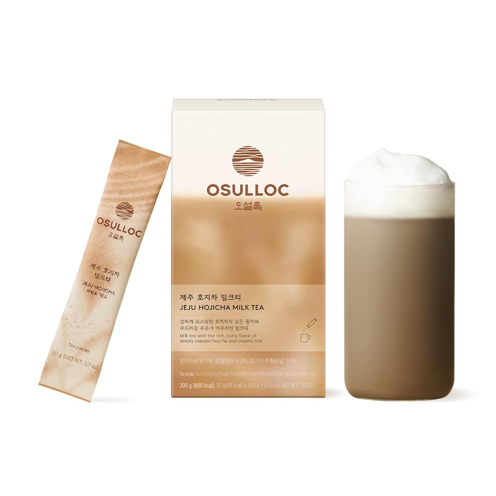OSULLOC Jeju Hojicha Milk Tea (7oz X 10 Packets), Roasted Hojicha Latte Powder with Vanilla Notes, Instant Milk Tea Drink, Lightly Sweetened