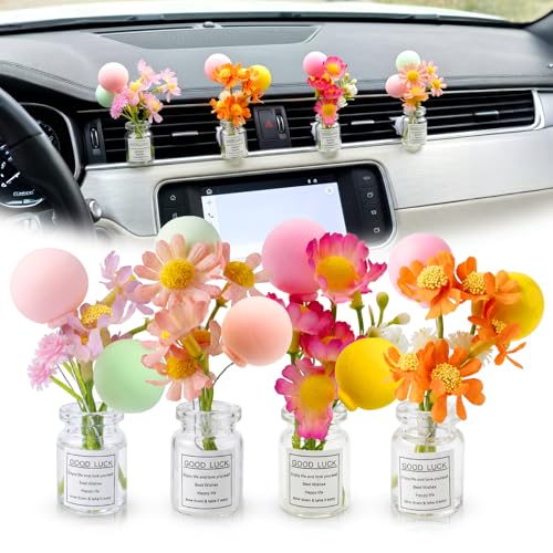 Image of CusDusk 4 Pcs Flowers with Ballons Car Vent Clips, Cute Daisy Plants Vase Air Conditioning Outlet Clip with Fragrance Pads, Charm Scent Perfume Automotive Interior Decorations for Women