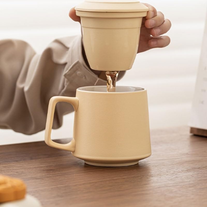 Beige Ceramic Cup With Lid for Tea Water Separation Office Large Capacity Drinking Mug Gift Carrying Around image 3
