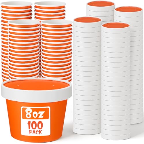 Image of Fulmoon 8 oz 100 Pack Paper Containers with Lids Soup Bowl Cup, Orange | Disposable Ice Cream Cup, Kraft Food Containers with Vented Lid Stackable for Hot Soup Dessert Cake Fruit Microwave Takeout