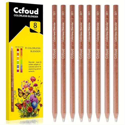 Ccfoud Colorless Blender Pencils Set 8 Pack,Non-pigmented, Professional Blendeing Pencil Perfect for Blending and Softening Edges of Colored Pencil Artwork,Art Supplies for Artists Beginners