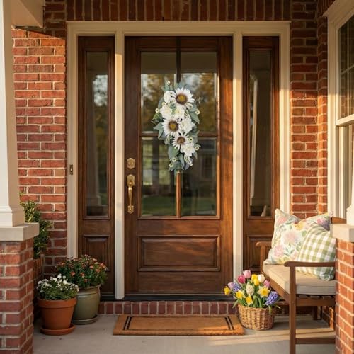 Summer Swag - 28” Sunflower, Peony, Rose Teardrop Swag for Front Door, Porch Wall, Window - Artificial White Flowers Teardrop Wreath for Home Spring, Summer, Fall, All Seasons, Everyday Decor (1) - Image 4
