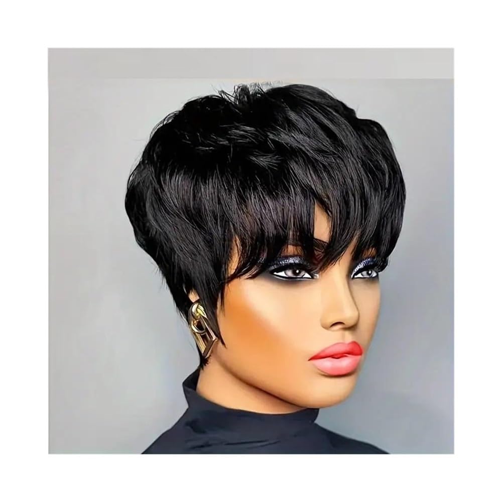 Haaraufsätze Pelucas de Corte Pixie, Cabello Humano brasileño, Peluca Bob Corta con Flequillo, en Capas