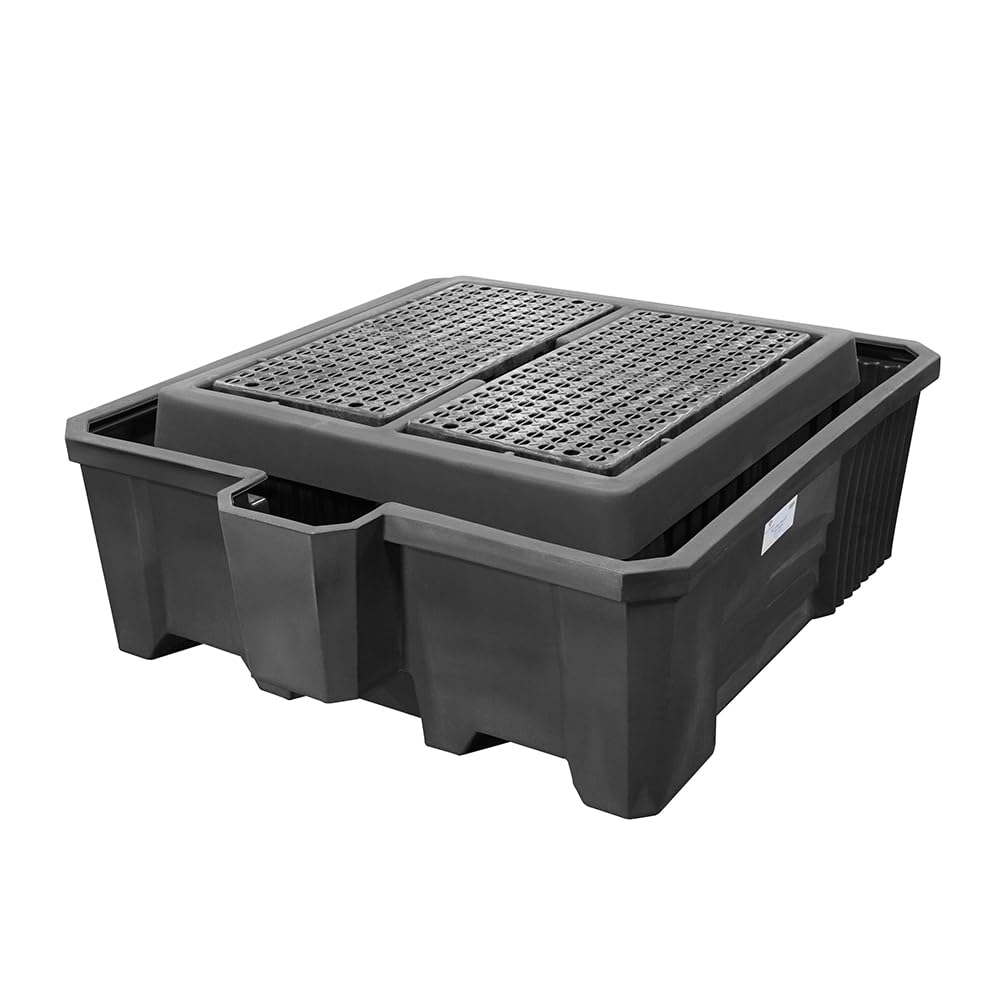 ENPAC IBC Tote Spill Containment Pallet with Drain, Black, Recycled Polyethylene, 385-Gallon Capacity, Integrated Pail Holder