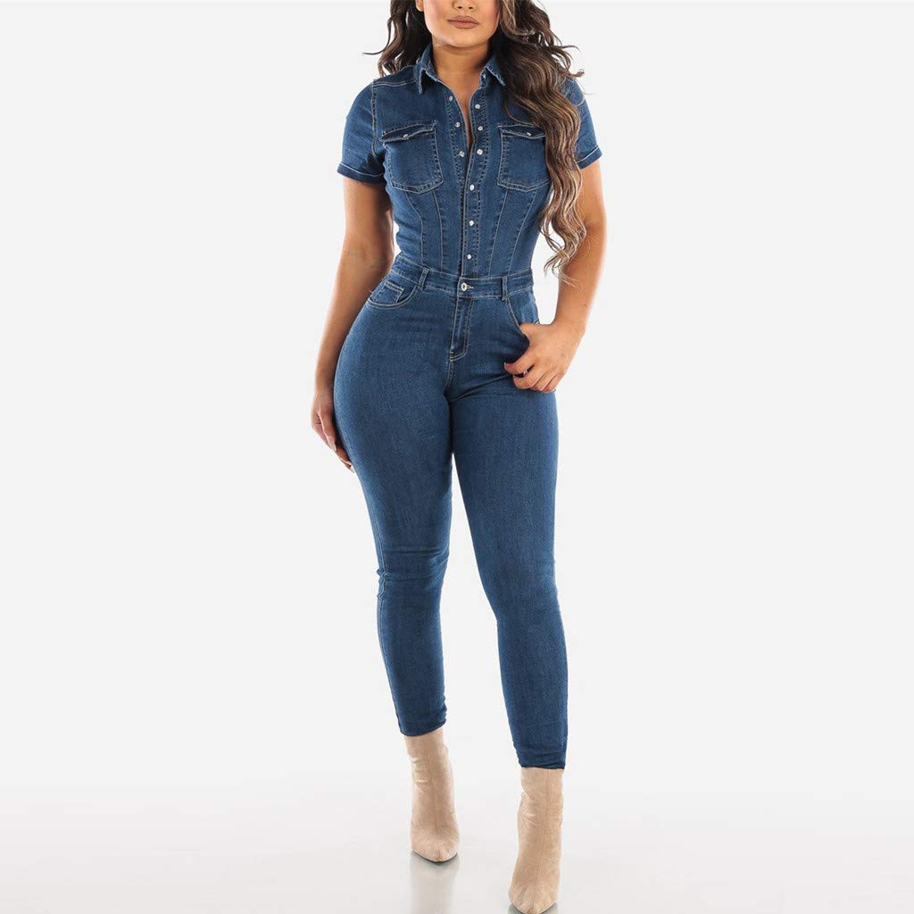 MaNMaNing Jumpsuit Donna Denim Elegante Tuta Vita Alta Maniche Corti Tutina Cocktail Overall Monopezzi Intera Estivi Casual Jeans Salopette MJ624