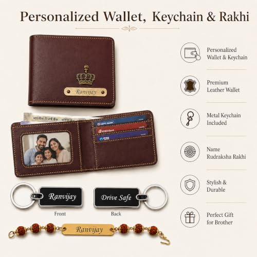 Image of SAVRI Rakshabandhan Gift for Brother | Customized Men's Leather Wallet with Name & Charm, Personalized Metal Keychain & Customized Rudraksha Rakhi with Name | Rakhi Gift for Brother