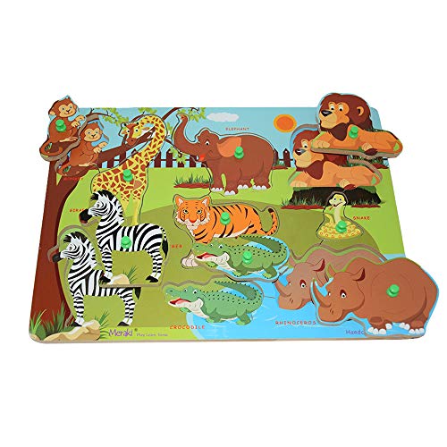 Image of Meraki Wild Wooden Animals Puzzles for Kids | 9 Puzzle Pieces with Knob for Easy Grip, Matching & Sorting Puzzle for Toddlers, Creative, Learning & Educational Board | Puzzle for 2+ Year Old Kids