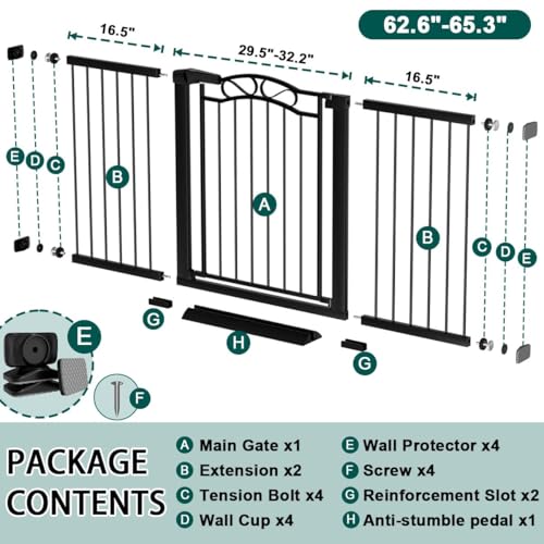 Image of Fairy Baby 62.6 inch-65.3 inch Extra Wide Baby Gate with Door, 63 64 65 Inches Walk THR Baby Gates for Stairs Pressure Mounted no Drill, Indoor Tension Metal Child Pet Dog Safety Gate for Kids, Black
