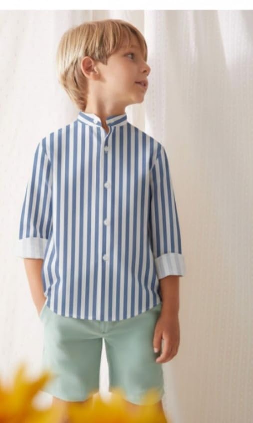 Image of A.T.U.N. (ALL THINGS UBER NICE) Boys 100% Cotton Band Collar Shirt | Soft Fabric with Button Front Style & Roll-Up Sleeves | Comfortable Casual Kids Shirt