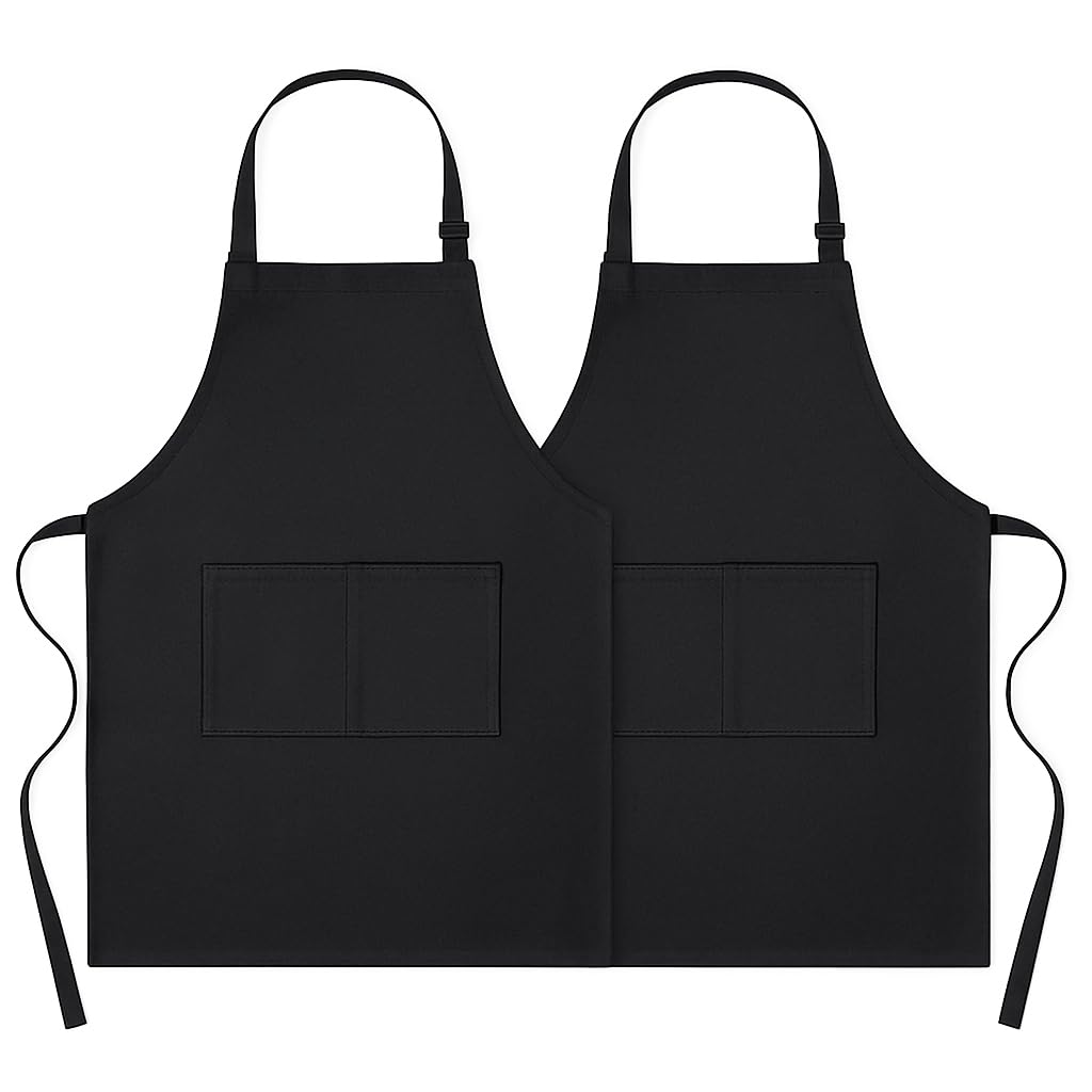 4sold Black Chef Aprons – 100% Heavy Duty Cotton 240g/m², Durable & Naturally Fire Resistant – Adjustable Kitchen Cooking Bib Aprons with 2 Pockets for Men, Women, Butchers, BBQ, Bakers