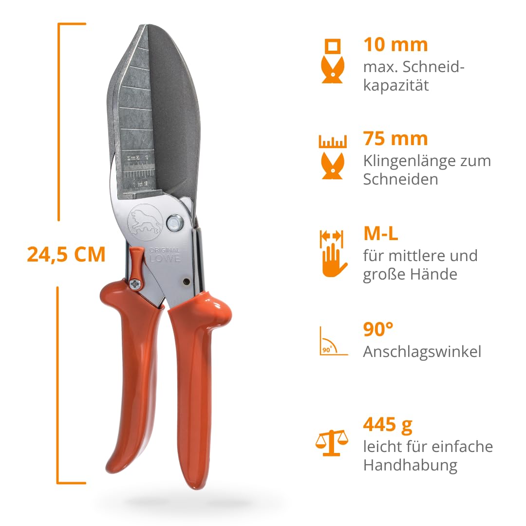 Original LÖWE Leistenschere 3.306 mit 90 Grad Anschlägen für den professionellen Einsatz im Handwerk - Leistenschneider mit langer Klinge für exakten Schnitt an Kunststoff Gummi Holz PVC Leder, metall
