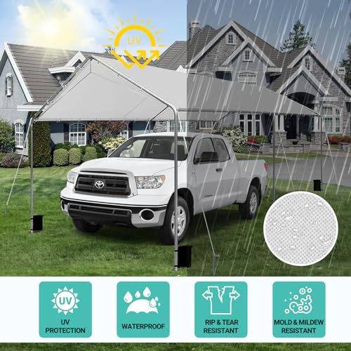 Image of Heavy Duty 10 X 20 Ft Easy to Assemble Metal Car Canopy Shelter with Reinforced Steel Cables, Outdoor Portable Garage for Car, Boat Tent, Light Grey