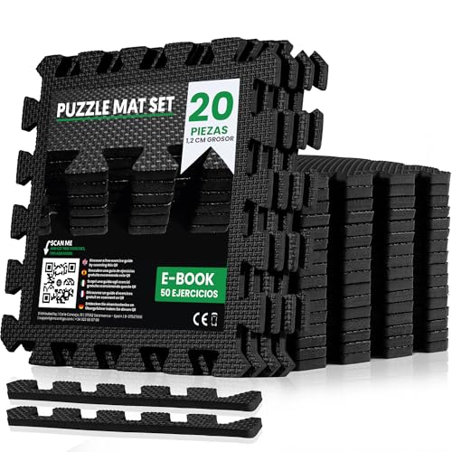 unycos - Esterilla Fitness Puzzle para Suelo de Gimnasio【30x30x1,2 cm】 Set de Protección de Espuma EVA, 20 Losas, Alfombra Expandible, Tatami para Pisos | Impermeable, No Tóxica (Negro)